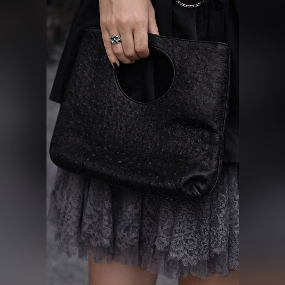 Black Faux Ostrich Clutch Bag Punk Goth Edgy Statement Electric Pink Lining